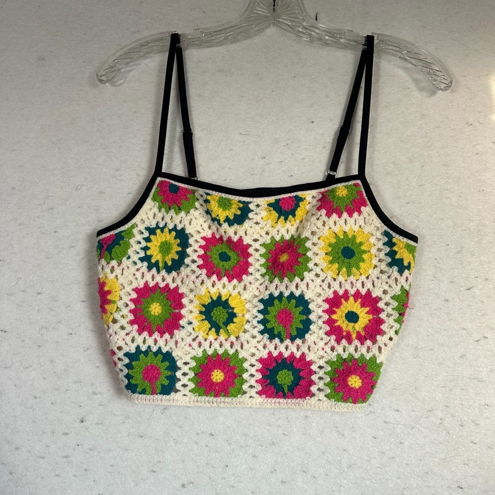 Boho Crochet Crop Top Floral Granny Square Tank Festival Hippie Retro sz S